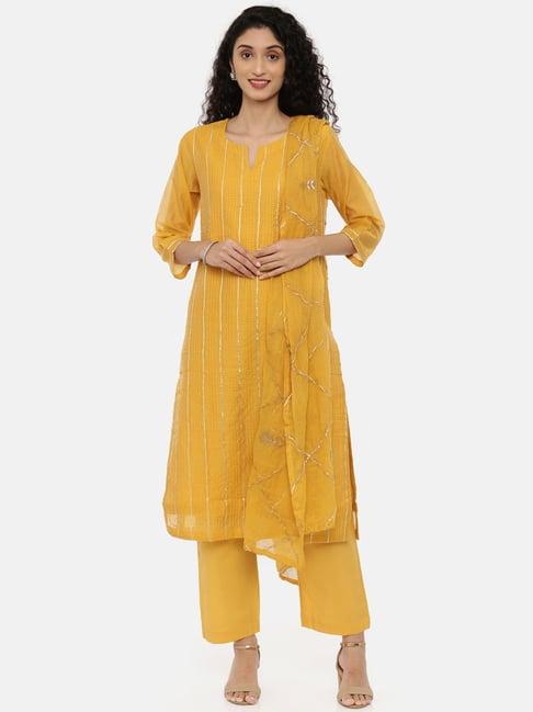 neeru's mustard embroidered kurta with palazzo & dupatta