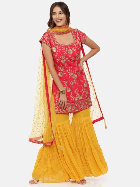 neeru's pink & yellow embellished kurta with sharara & dupatta