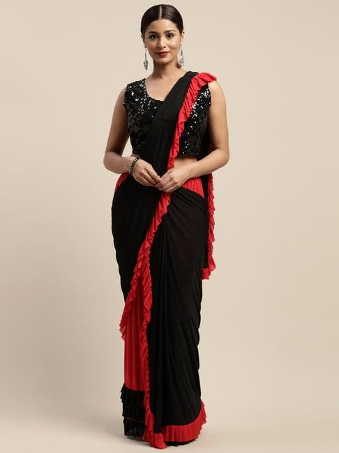 neeru's red & black solid ready to wear saree with blouse