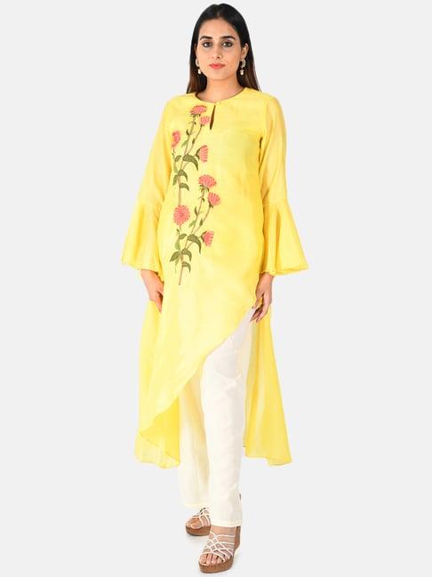 neeru's yellow & white embroidered kurta & palazzo set