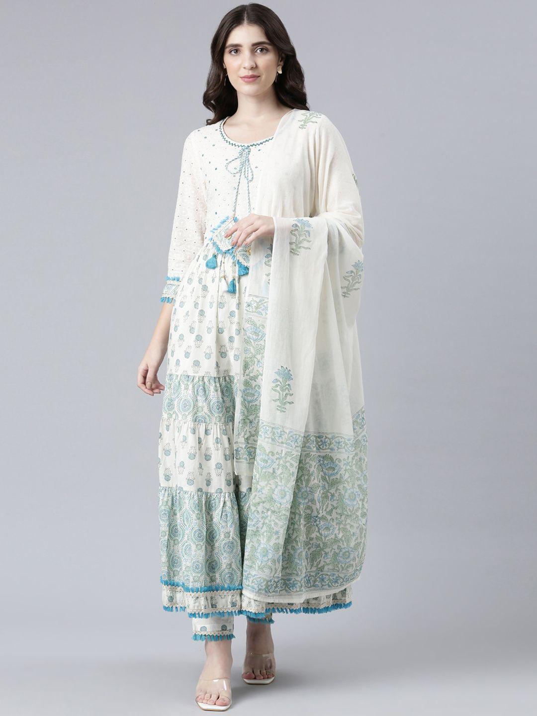 neerus  floral embroidered pure cotton anarkali kurta with trousers & with dupatta