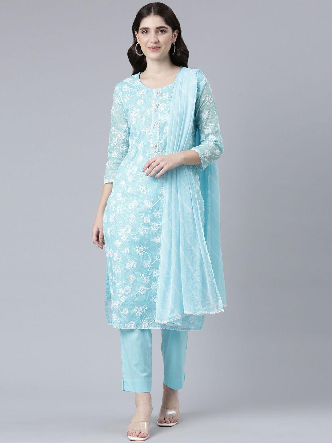 neerus  floral embroidered straight kurta with trousers & dupatta