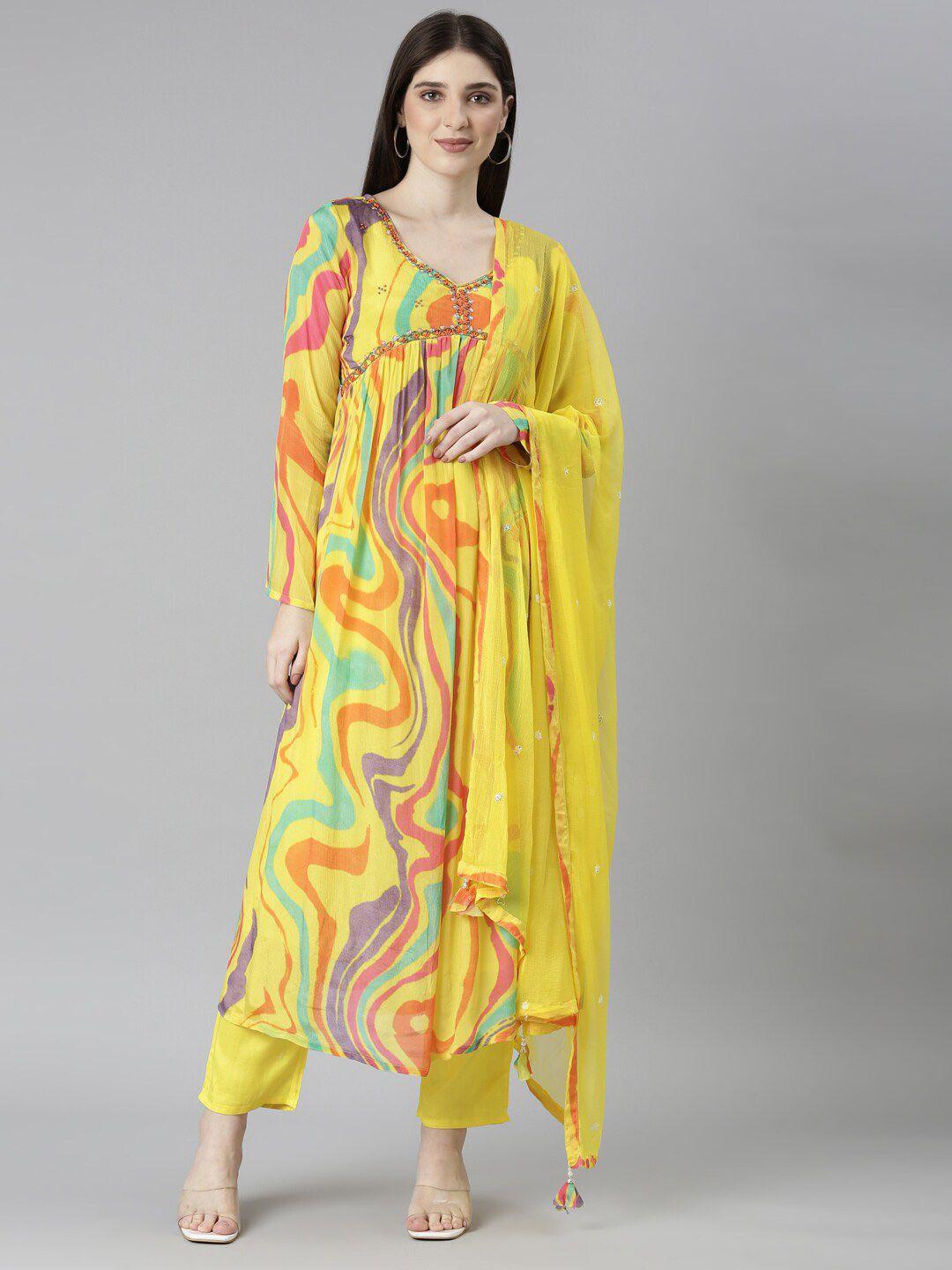 neerus abstract printed beads and stones kurta & trousers with dupatta
