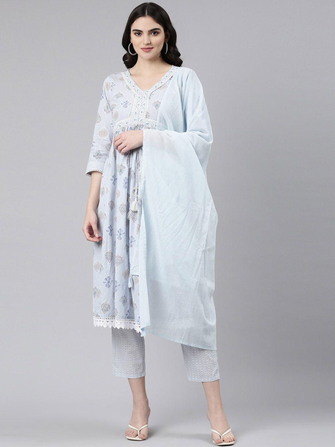 neerus ethnic motifs printed empire pure cotton kurta with trousers & dupatta