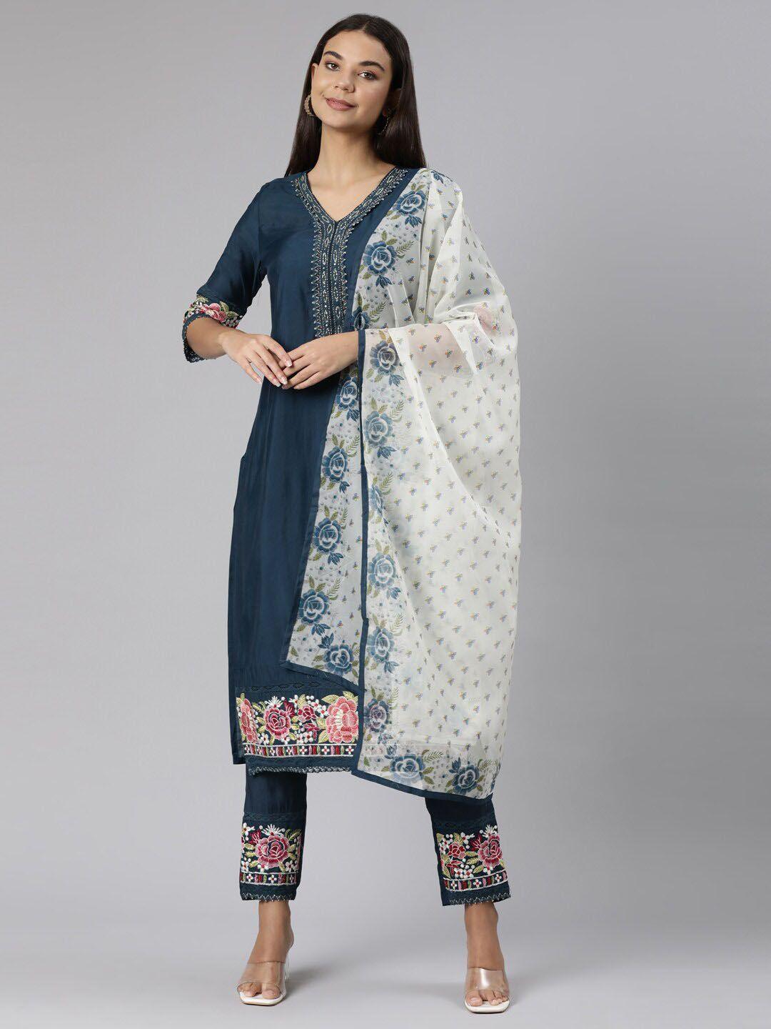 neerus floral embroidered v-neck kurta with trousers & with dupatta