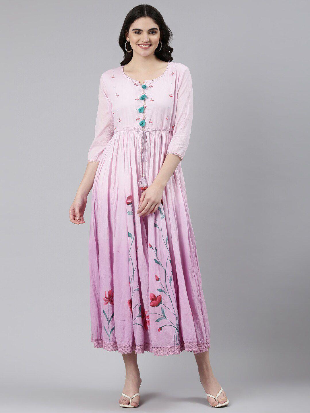 neerus floral printed embellished cotton fit & flare midi dress