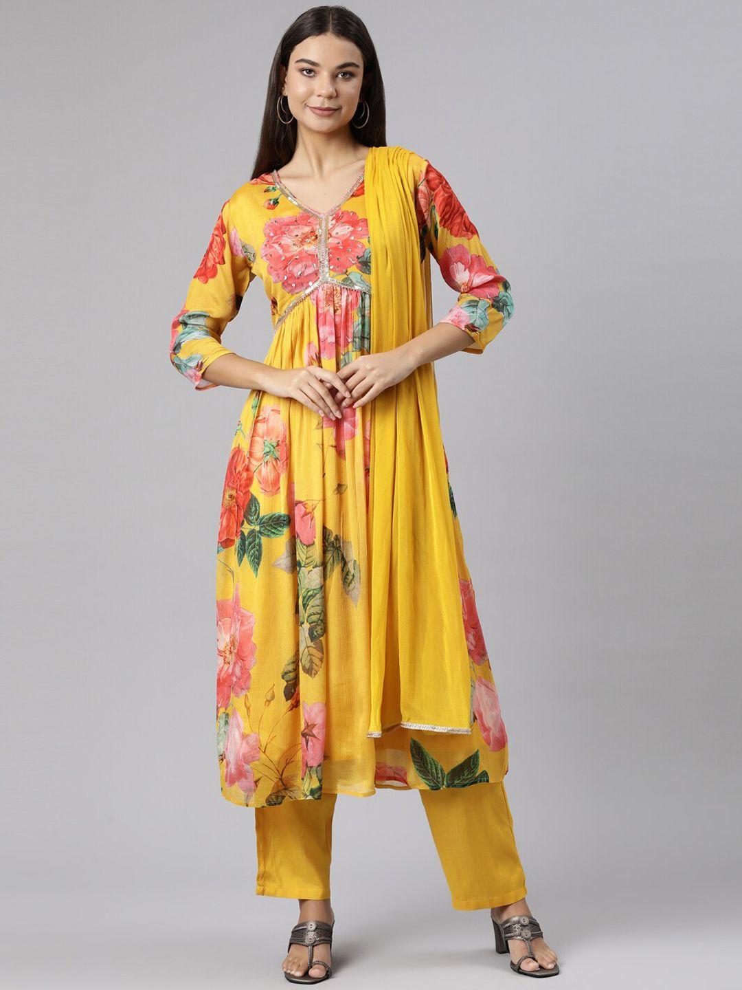 neerus floral printed empire sequinned kurta with trousers & dupatta