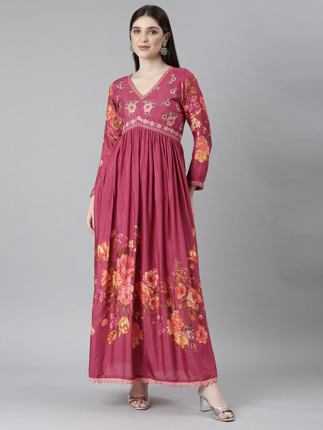 neerus floral printed gathered cotton fit & flare maxi dress
