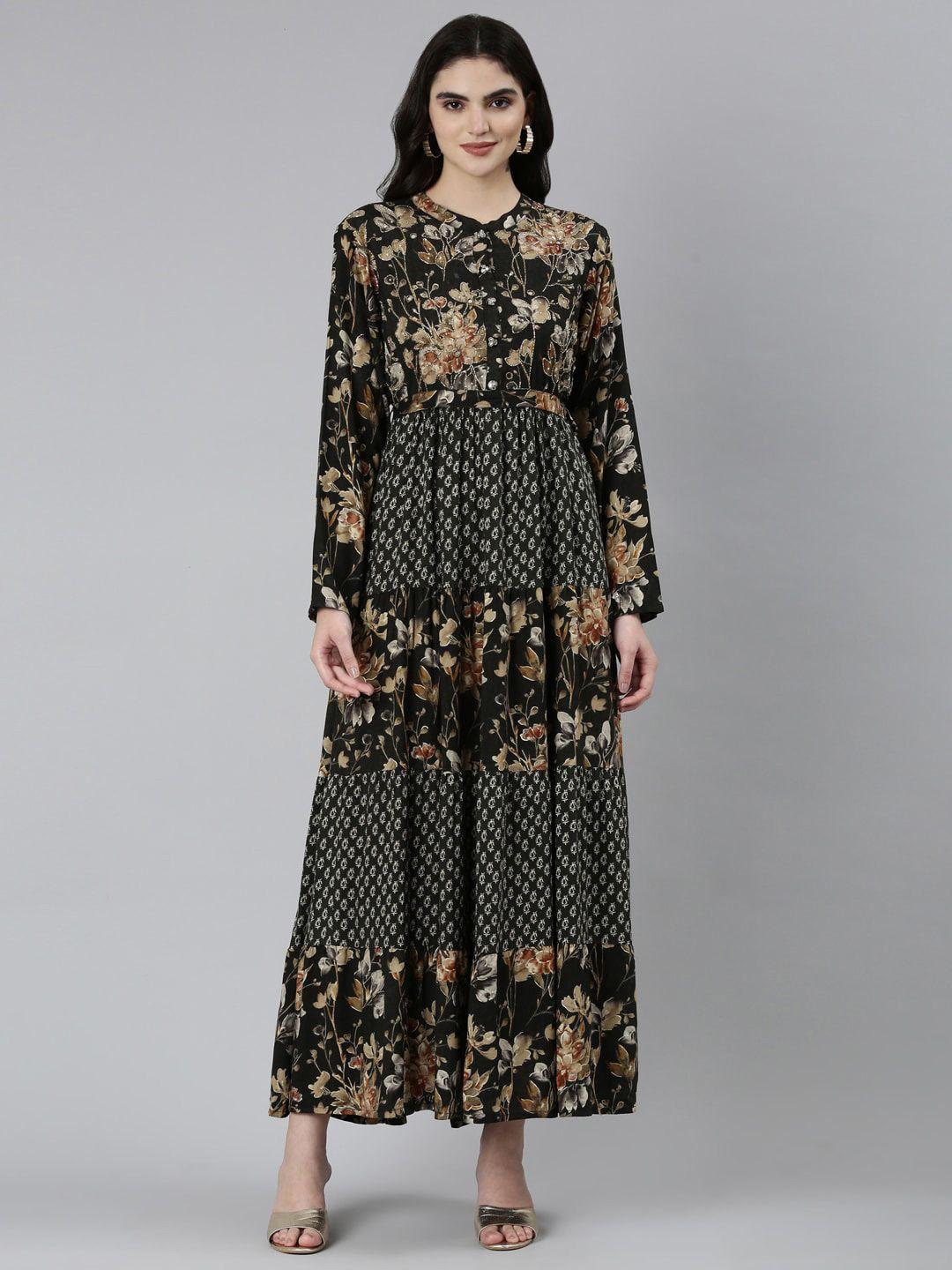 neerus floral printed mandarin collar tie-up gathered sequined maxi ethnic dress