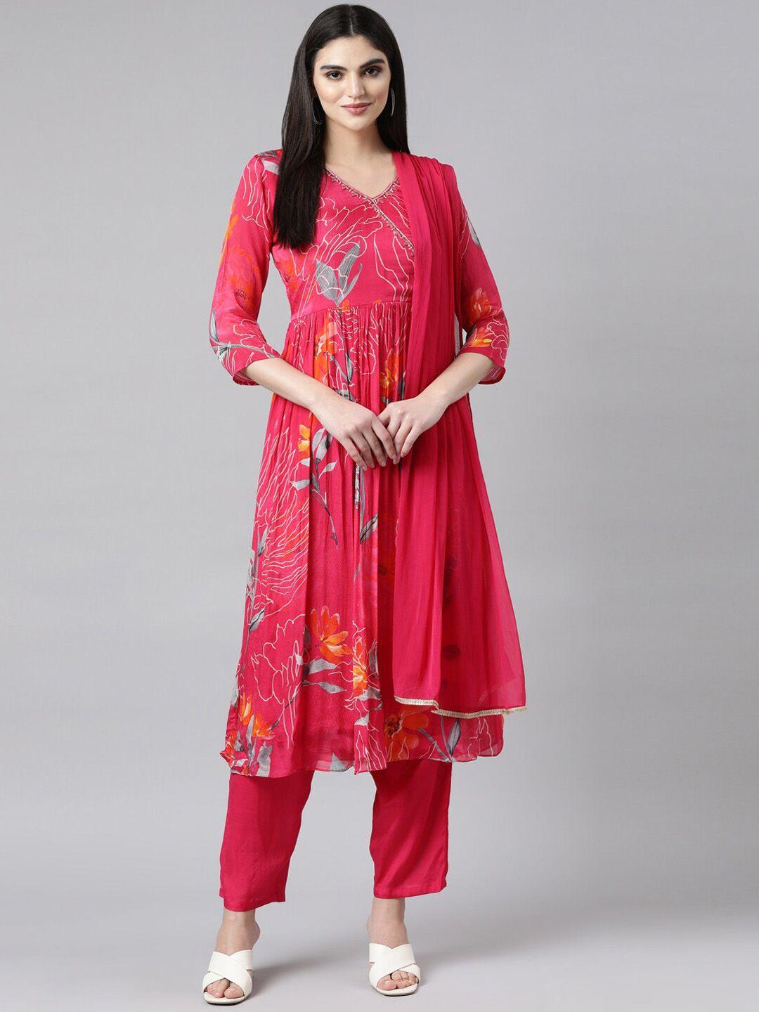 neerus floral printed pleated beads and stones anarkali kurta with trousers & with dupatta