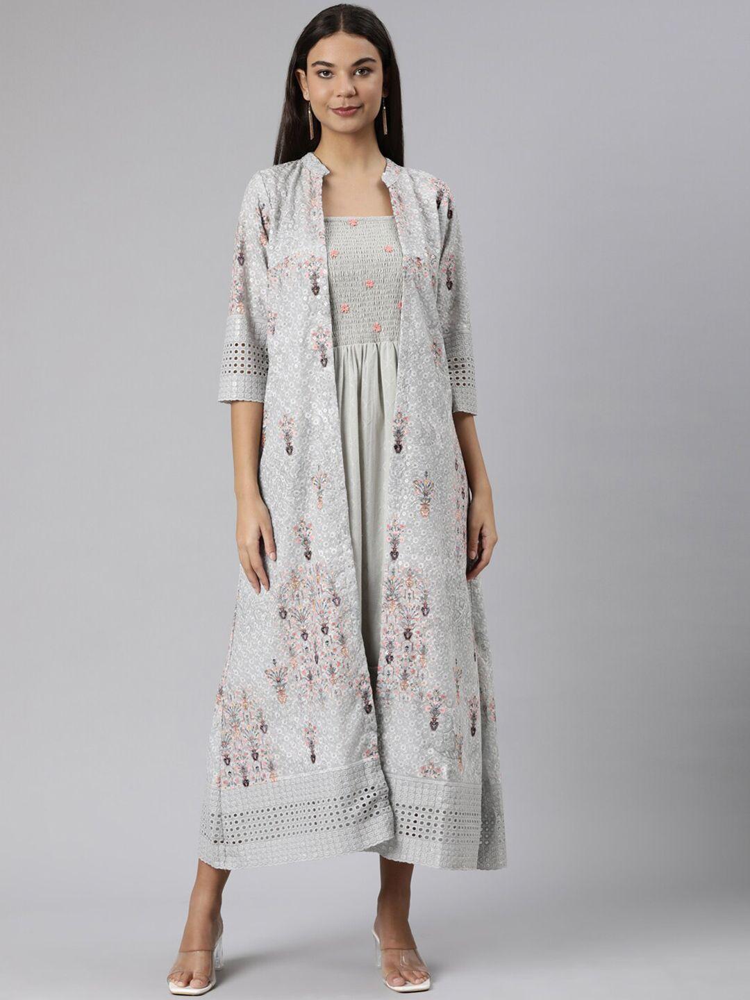 neerus floral printed shoulder straps smocked & gathered cotton midi dress with jacket