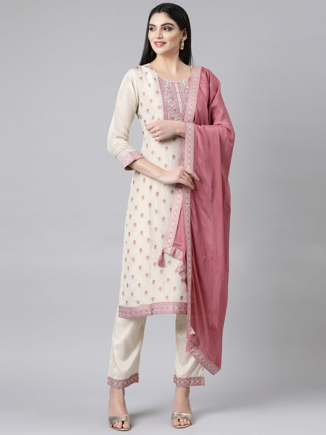 neerus floral woven design yoke design straight kurta & trousers with dupatta