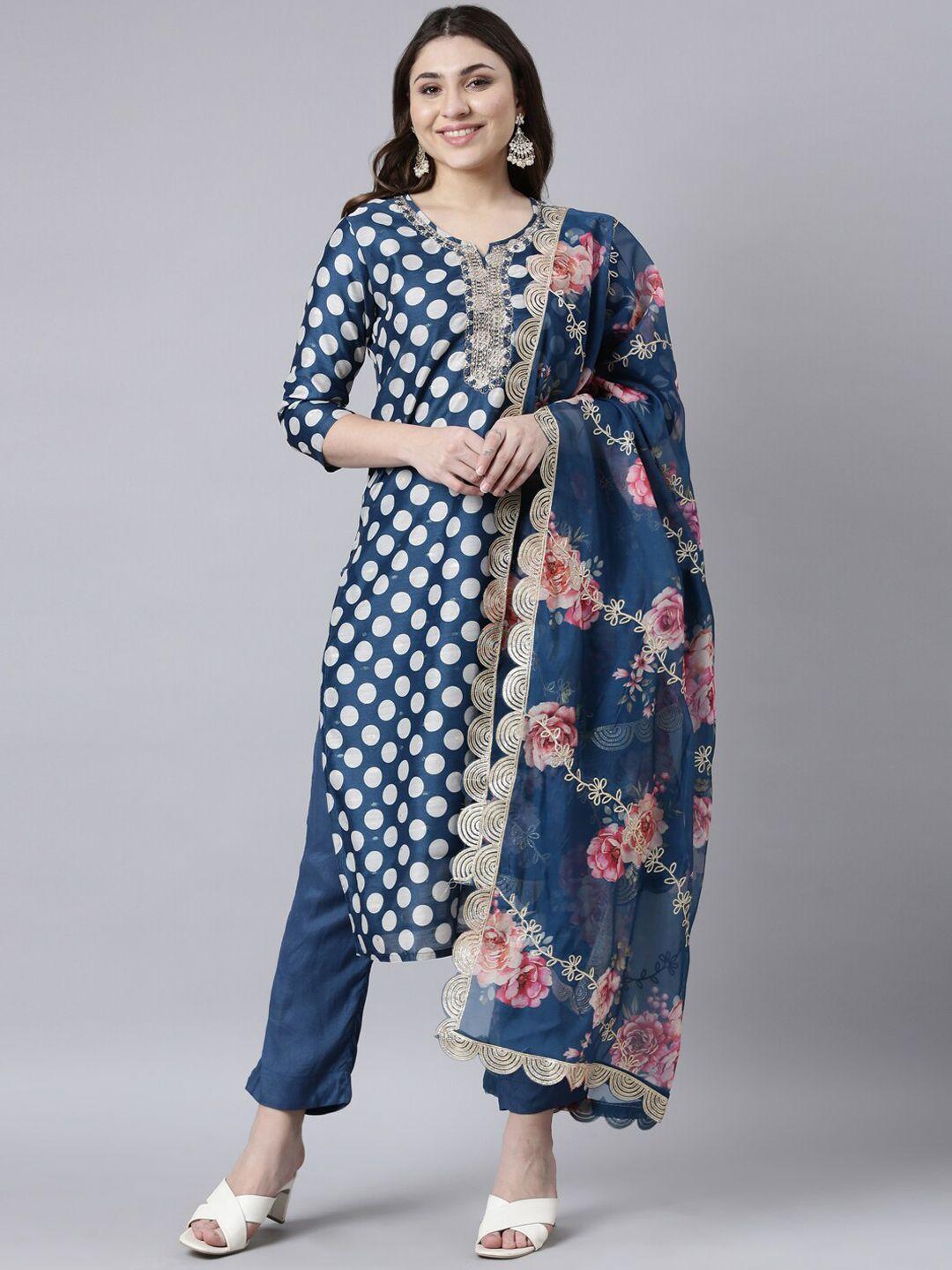 neerus women bandhani printed regular aari work chanderi cotton kurta with trousers & with dupatta