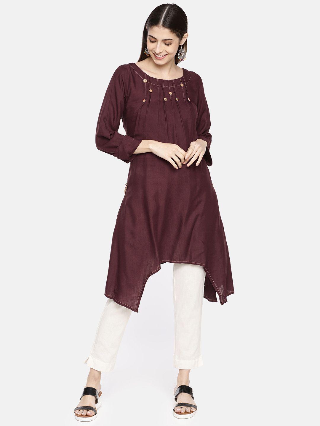 neerus women brown solid tunic with embroidered details