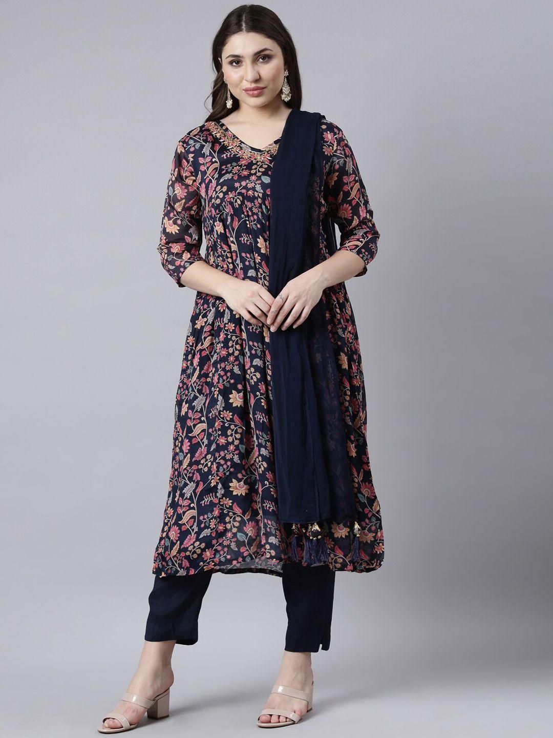 neerus women floral printed pleated thread work silk chiffon kurta with trousers & with dupatta