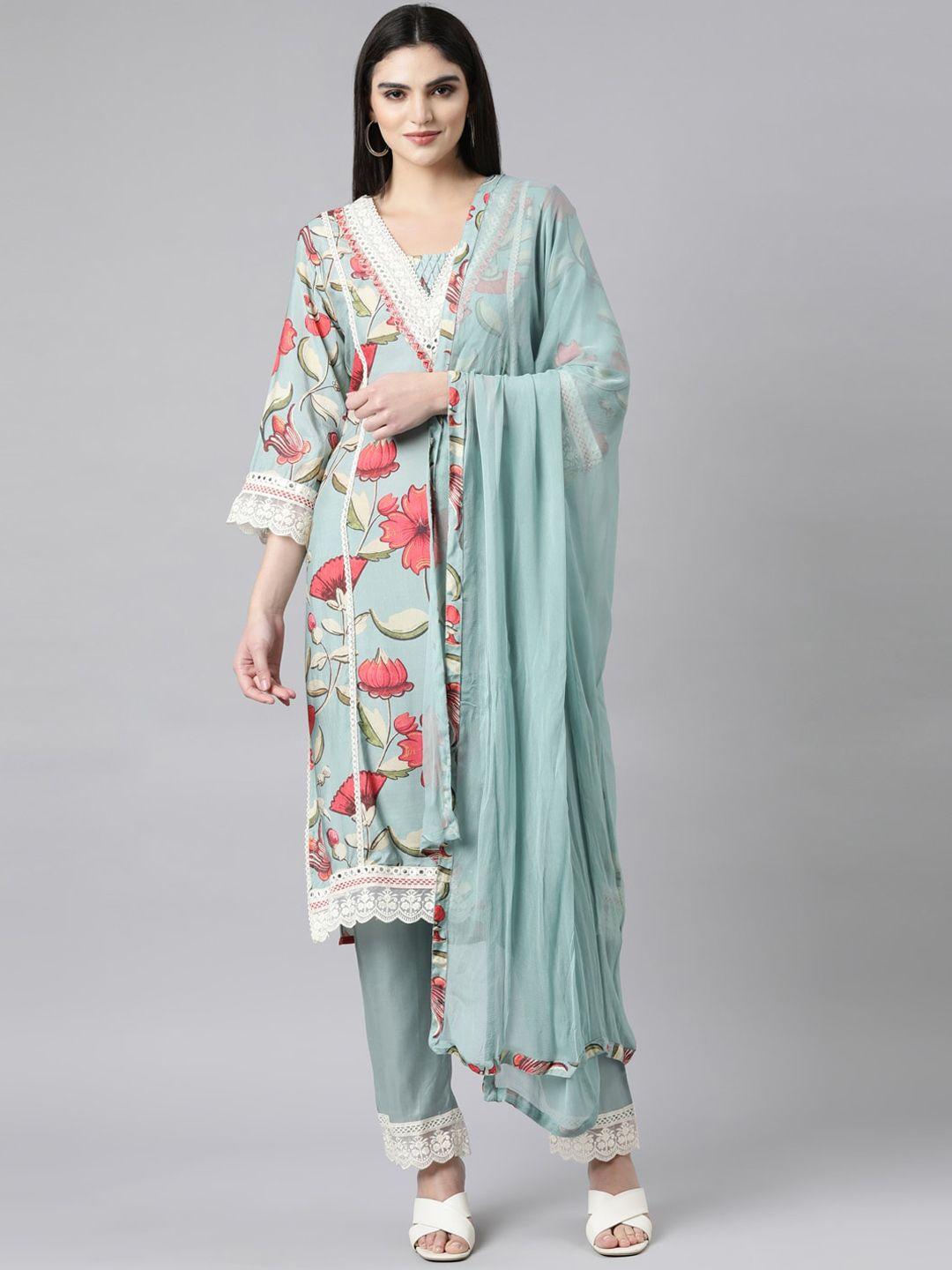 neerus women floral printed regular patchwork kurta with trousers & with dupatta