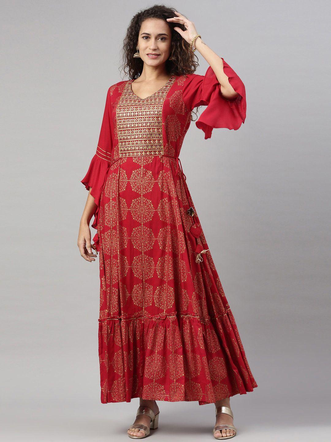 neerus women maroon & burgundy ethnic motifs printed flared sleeves anarkali kurta