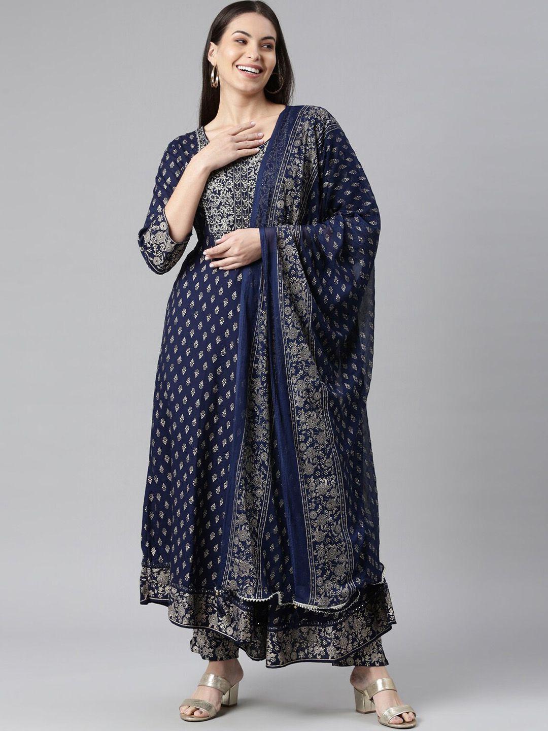 neerus women navy blue floral printed empire kurta with trousers & with dupatta