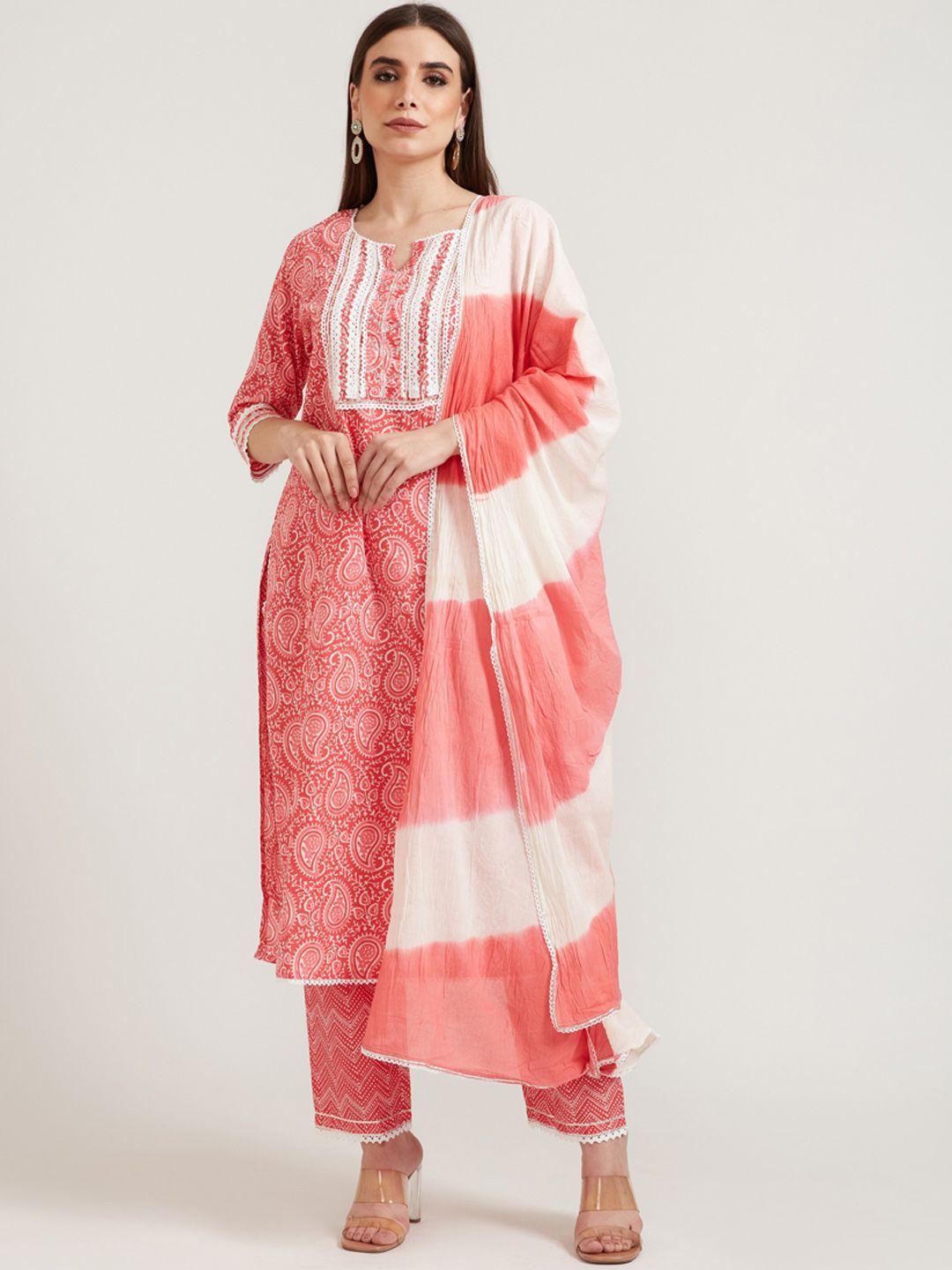 neerus women pink & white printed pure cotton kurta with trousers & with dupatta