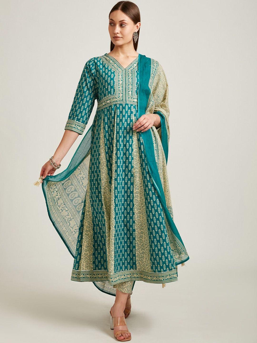 neerus women turquoise blue ethnic motifs empire mirror work pure cotton kurta set