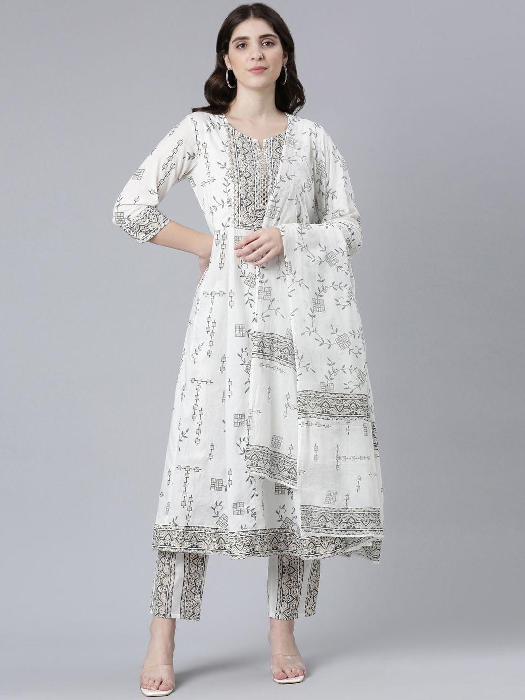 neerus  ethnic motifs printed pure cotton anarkali kurta with trousers & dupatta