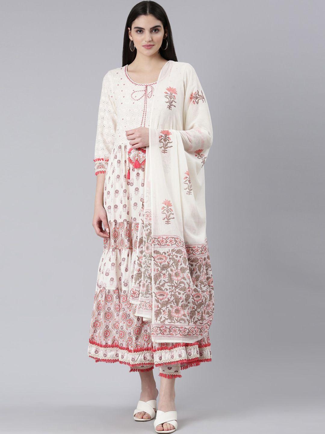 neerus  floral embroidered pure cotton anarkali kurta with trousers & with dupatta