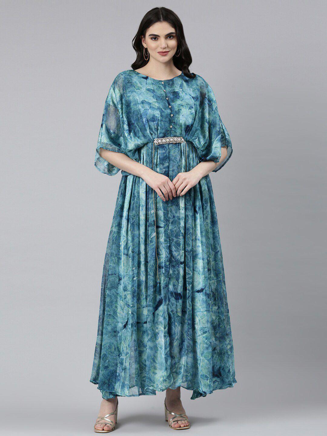 neerus abstract printed batwing sleeve gathered detailed georgette maxi dress