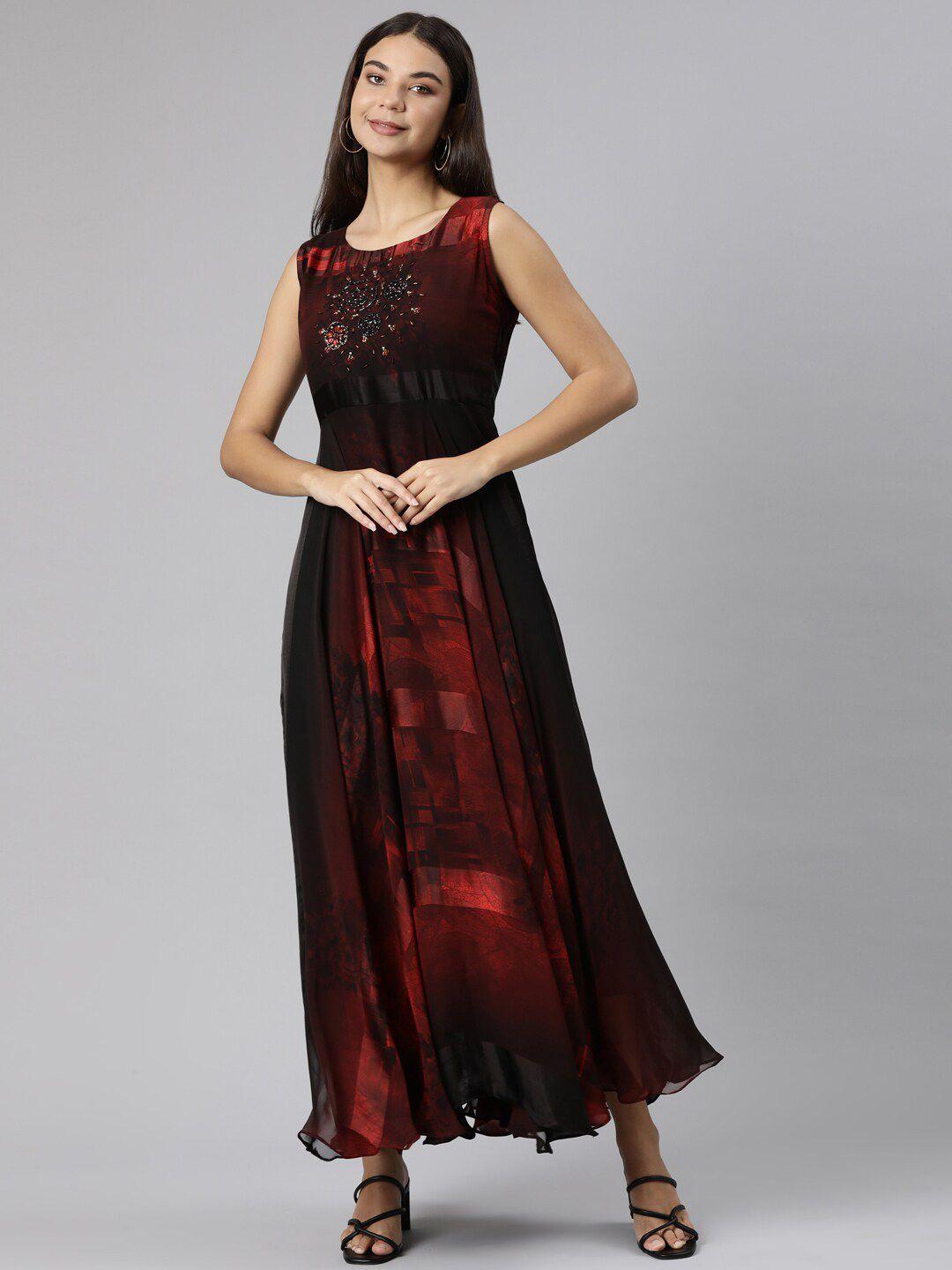 neerus abstract printed silk fit & flare maxi dress