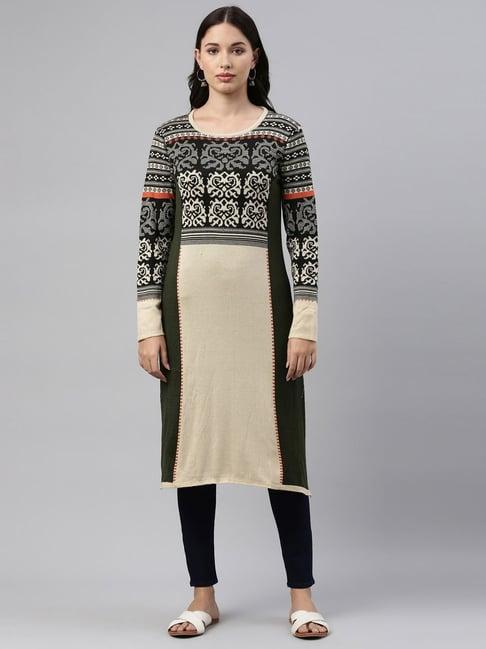 neerus beige & black woven pattern straight kurta