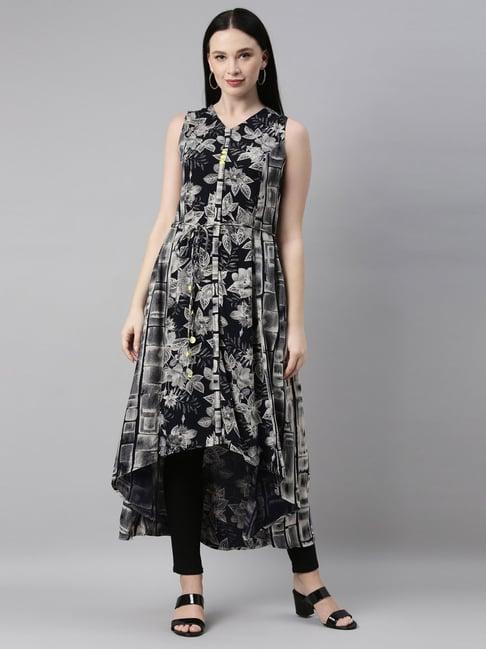 neerus black floral print flared kurta