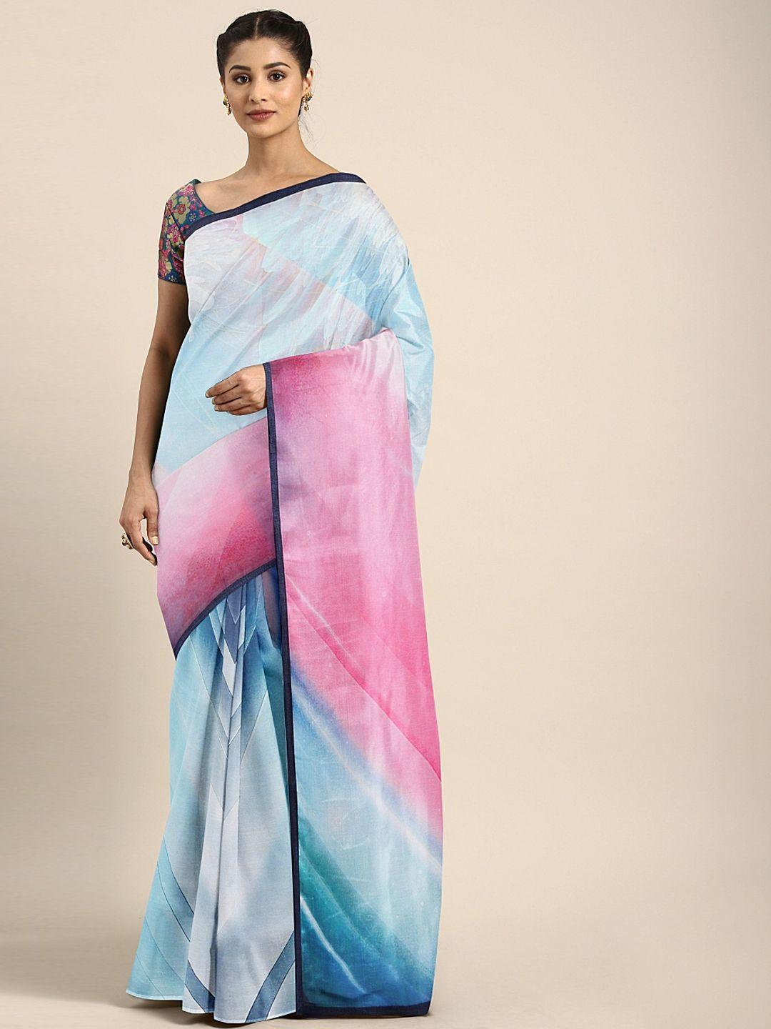 neerus blue & pink poly crepe printed saree