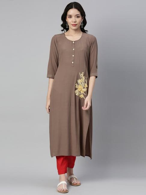 neerus brown floral print straight kurta