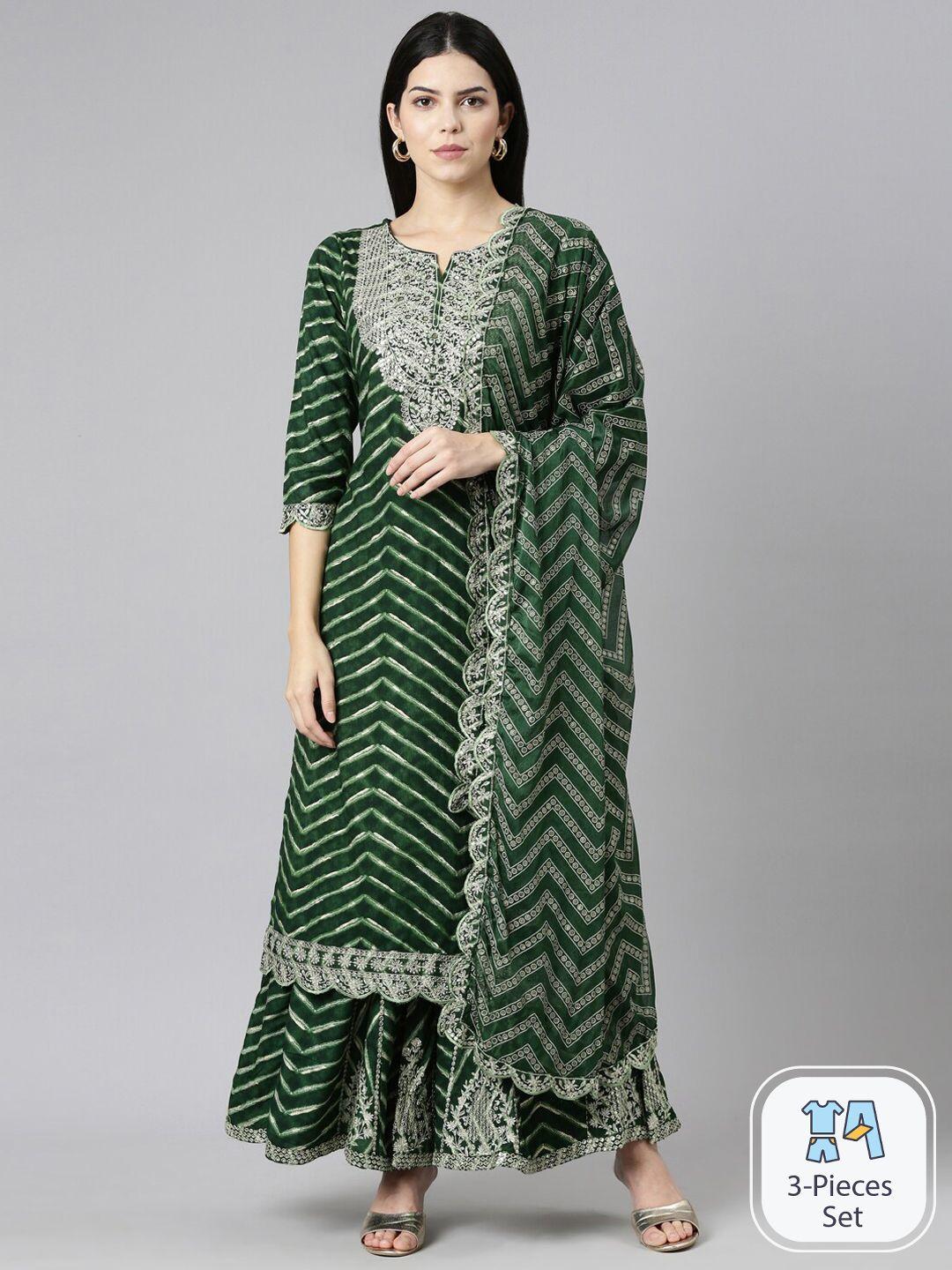 neerus chevron printed mirror work kurta with sharara & dupatta