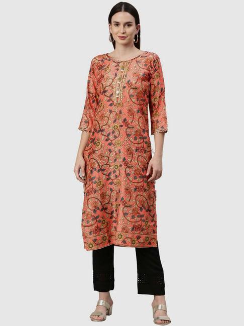 neerus coral floral print straight kurta