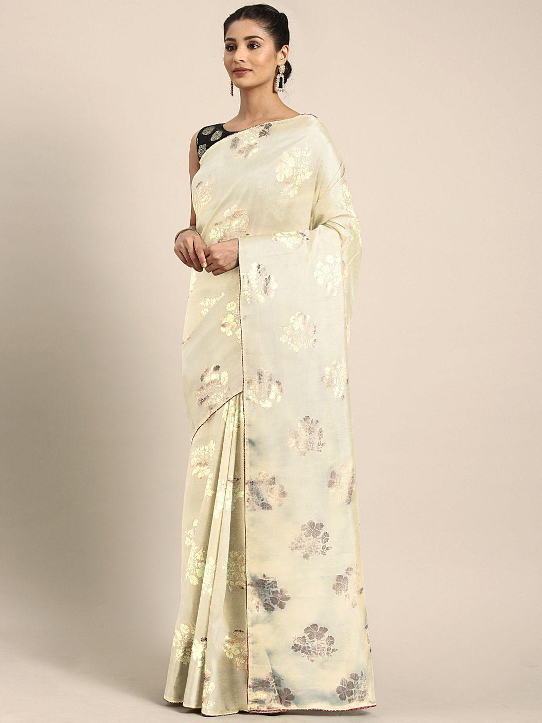 neerus cream-coloured & golden poly crepe floral printed saree