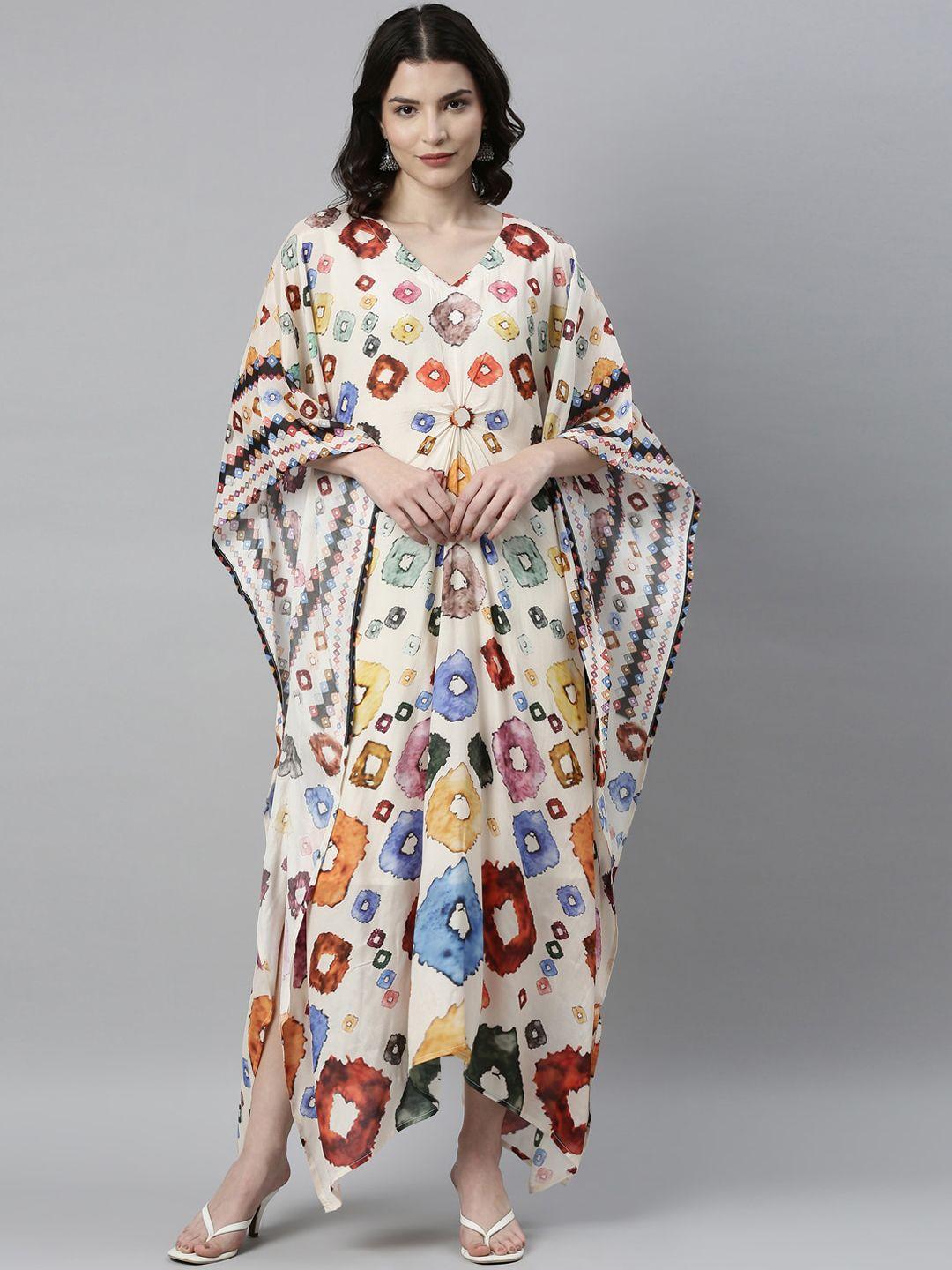 neerus cream-coloured layered satin kaftan maxi dress