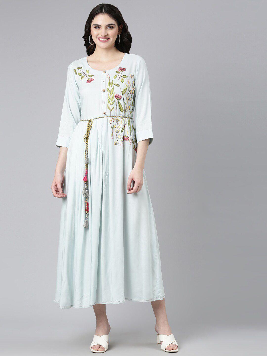neerus embroidered & tie up cotton a line dress