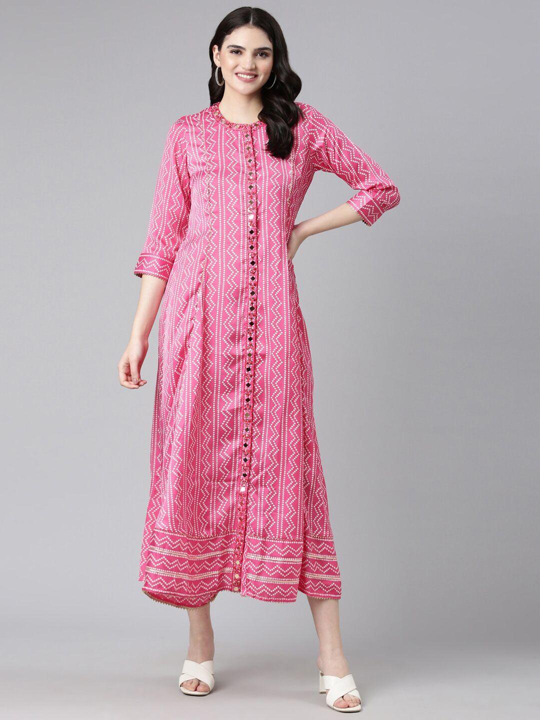 neerus ethnic motifs bandhani printed embellished cotton a line ethnic dress