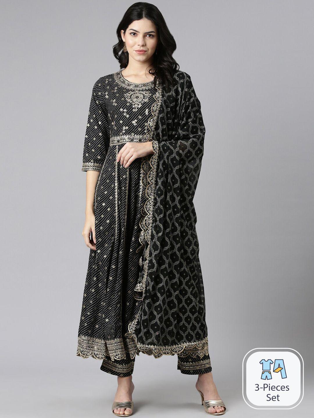 neerus ethnic motifs embroidered anarkali kurta with trousers & dupatta