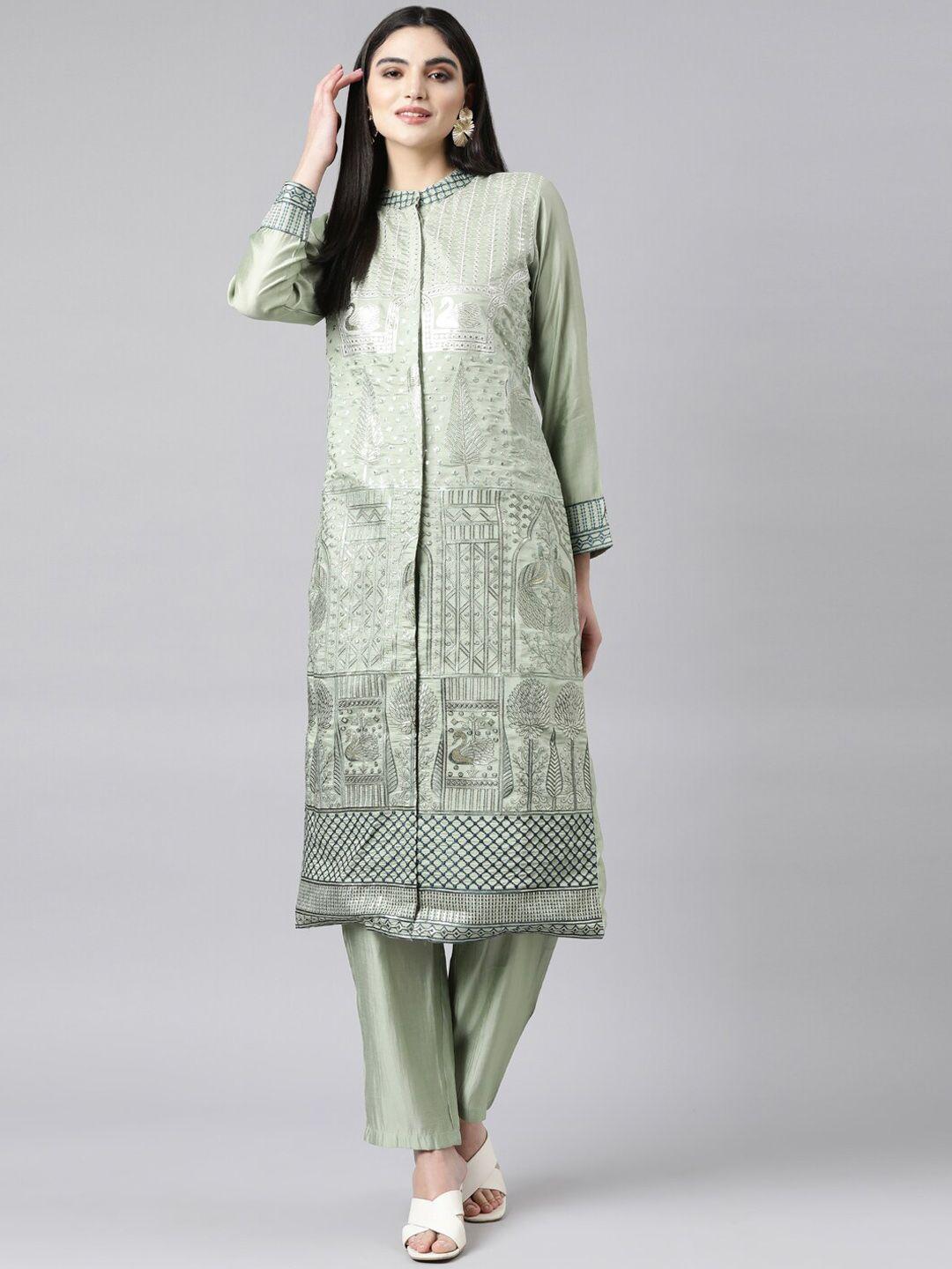 neerus ethnic motifs embroidered band collar pure cotton straight kurta with trouser