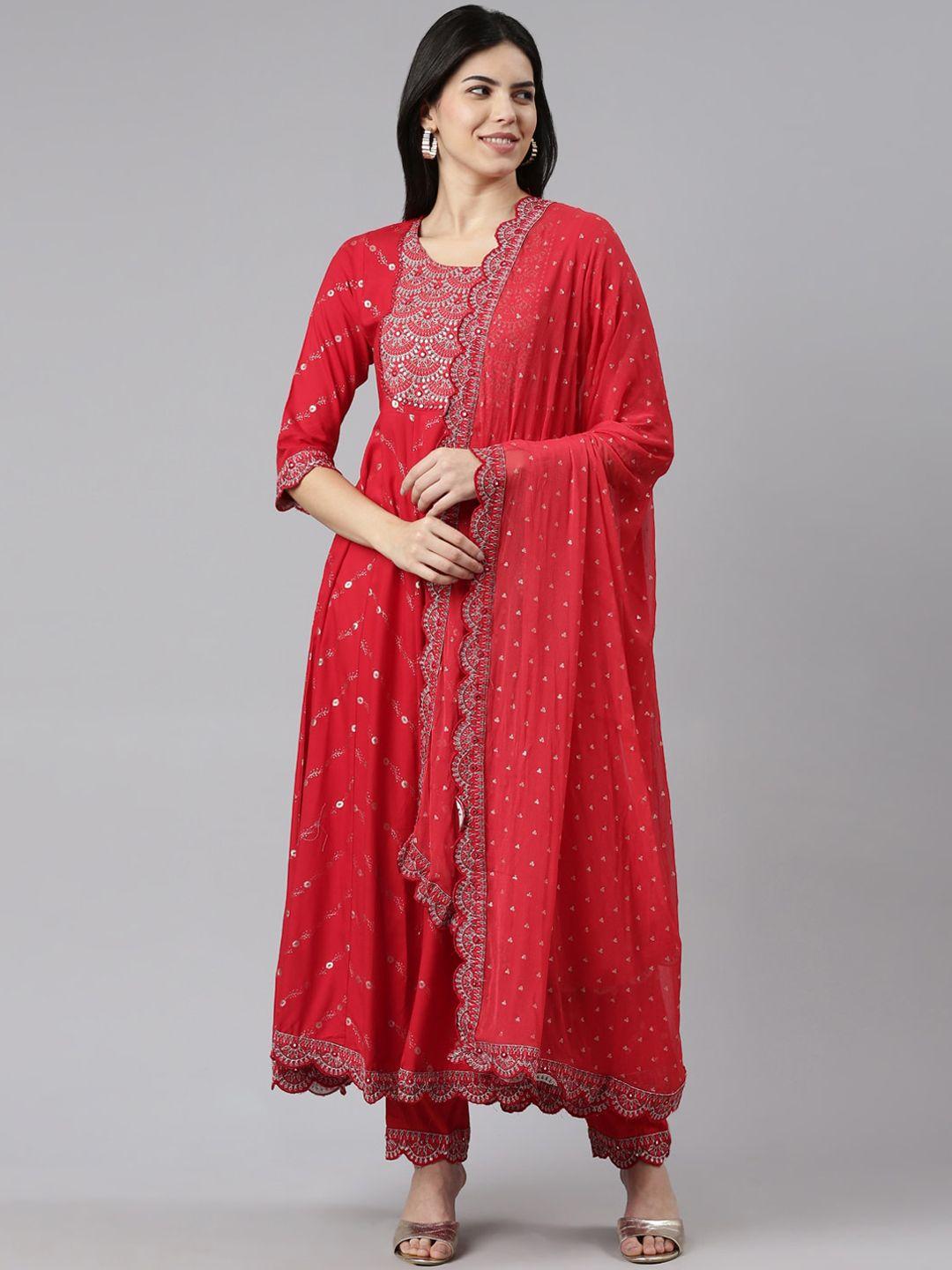 neerus ethnic motifs embroidered mirror work kurta & trousers with dupatta