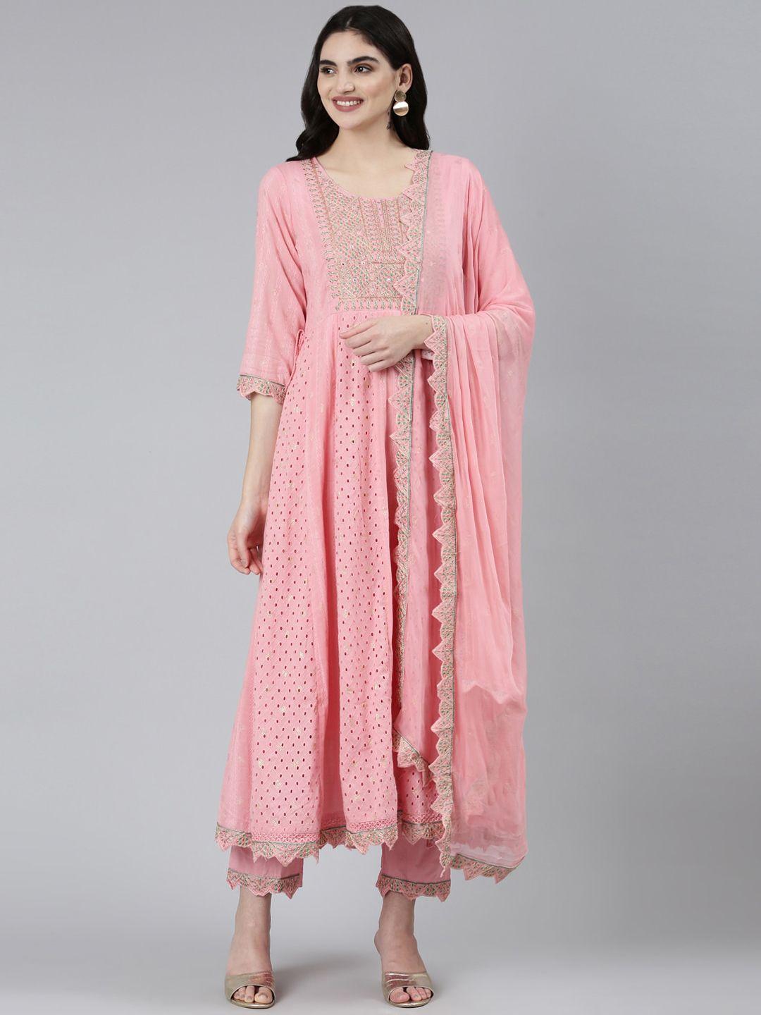 neerus ethnic motifs embroidered mirror work pure cotton kurta with trousers & dupatta