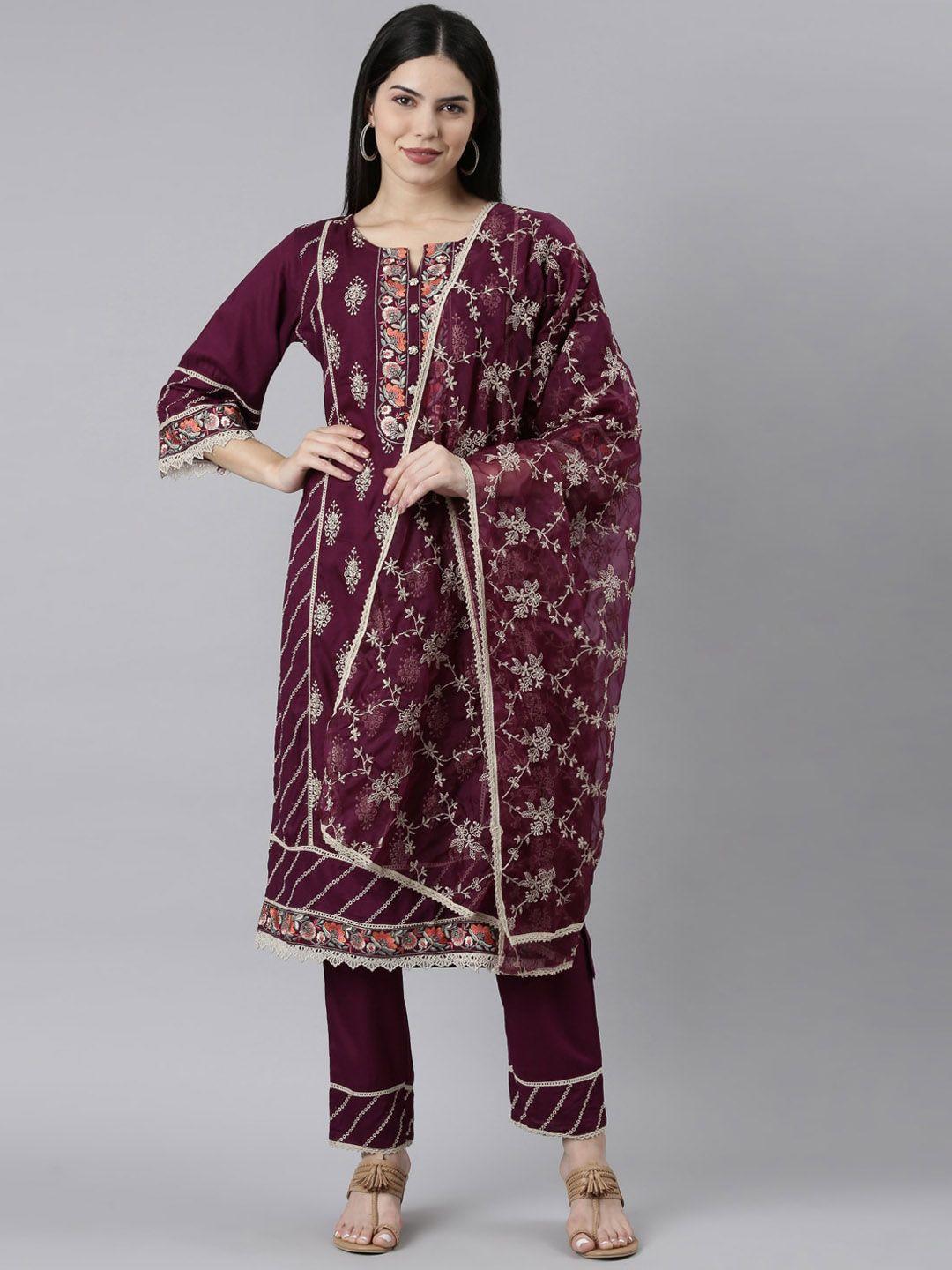 neerus ethnic motifs embroidered thread work straight  kurta & trousers with dupatta