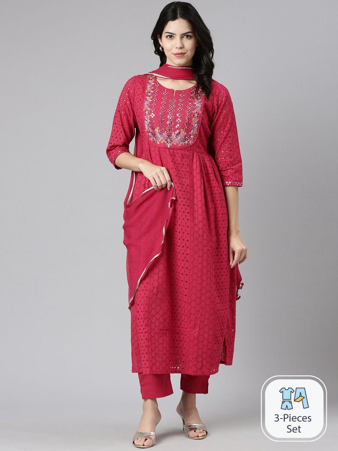 neerus ethnic motifs pleated thread work kurta with trousers & dupatta