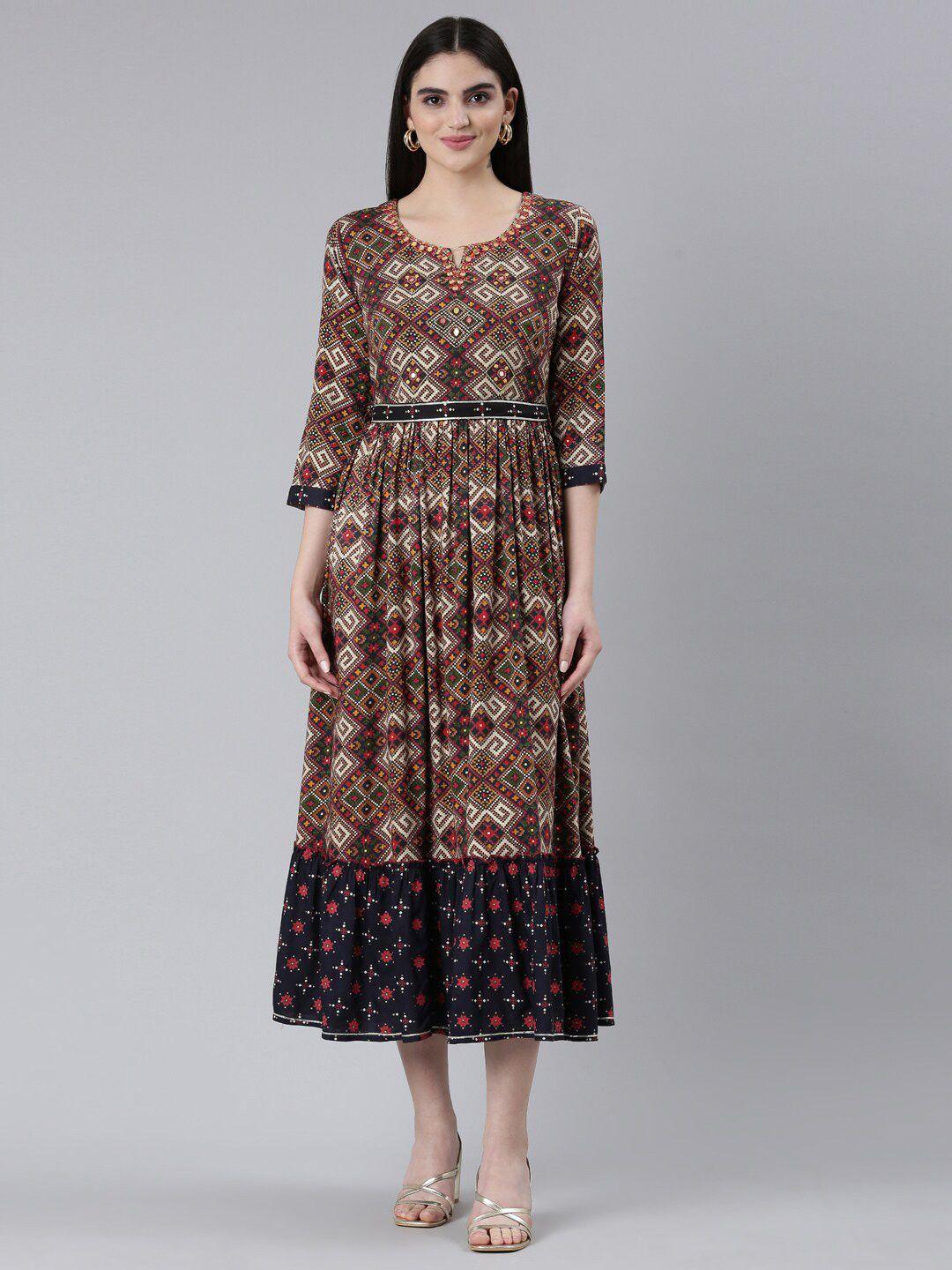 neerus ethnic motifs printed a-line ethnic dress