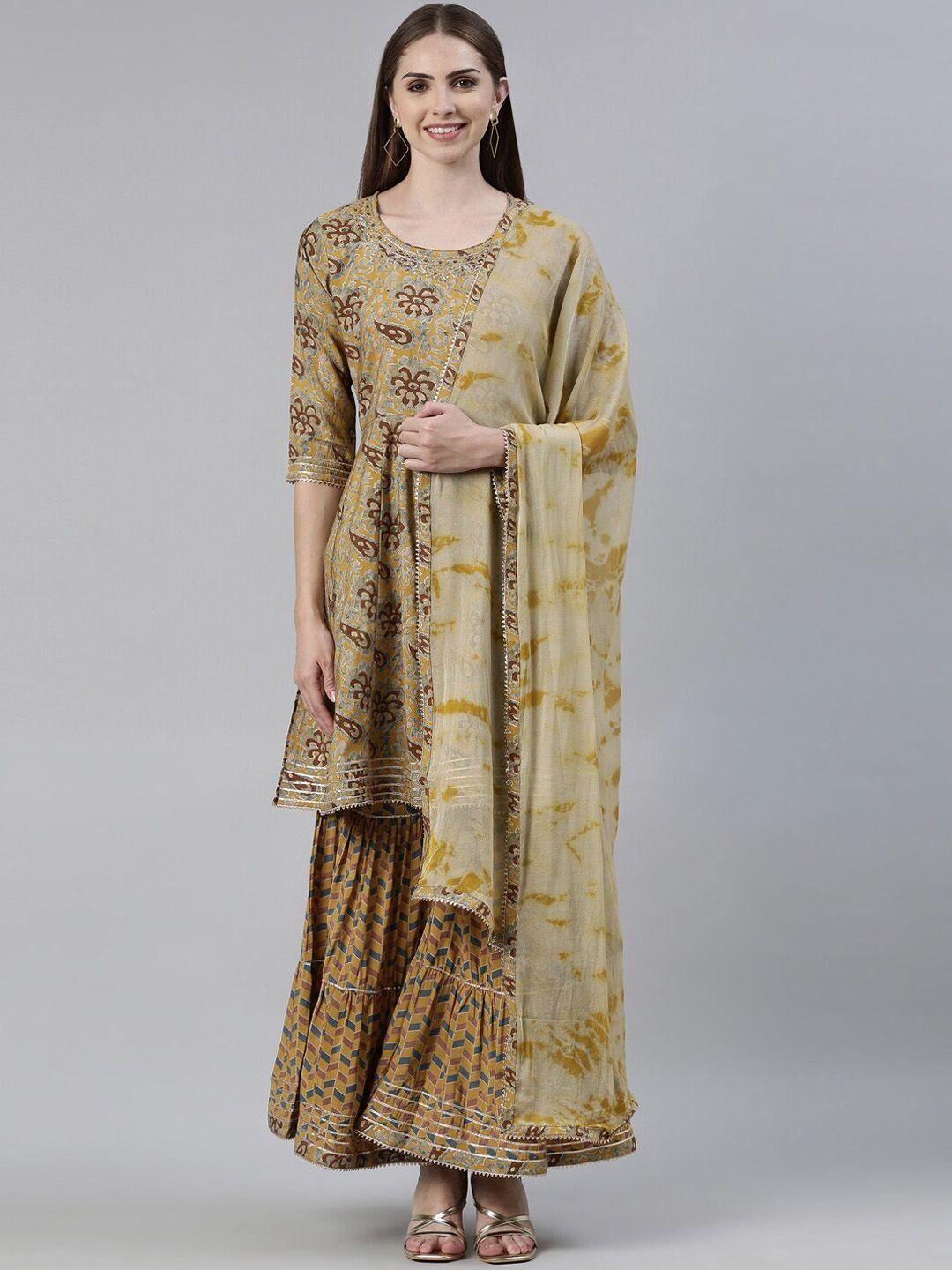 neerus ethnic motifs printed beads and stones work kurta with sharara & dupatta