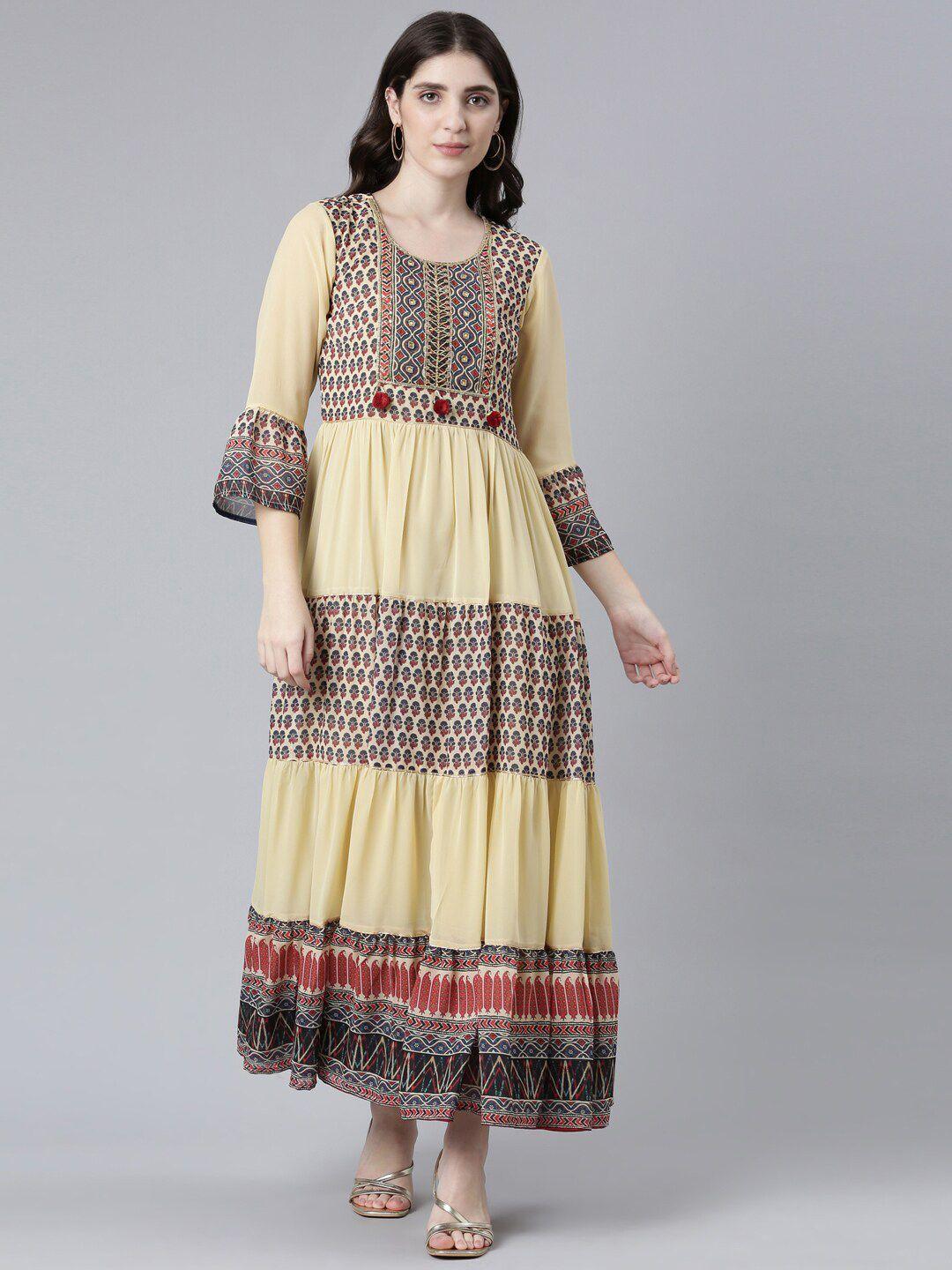 neerus ethnic motifs printed bell sleeve georgette maxi dress