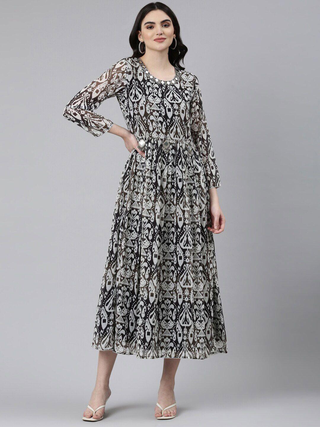 neerus ethnic motifs printed embellished monochrome georgette fit & flare ethnic dress