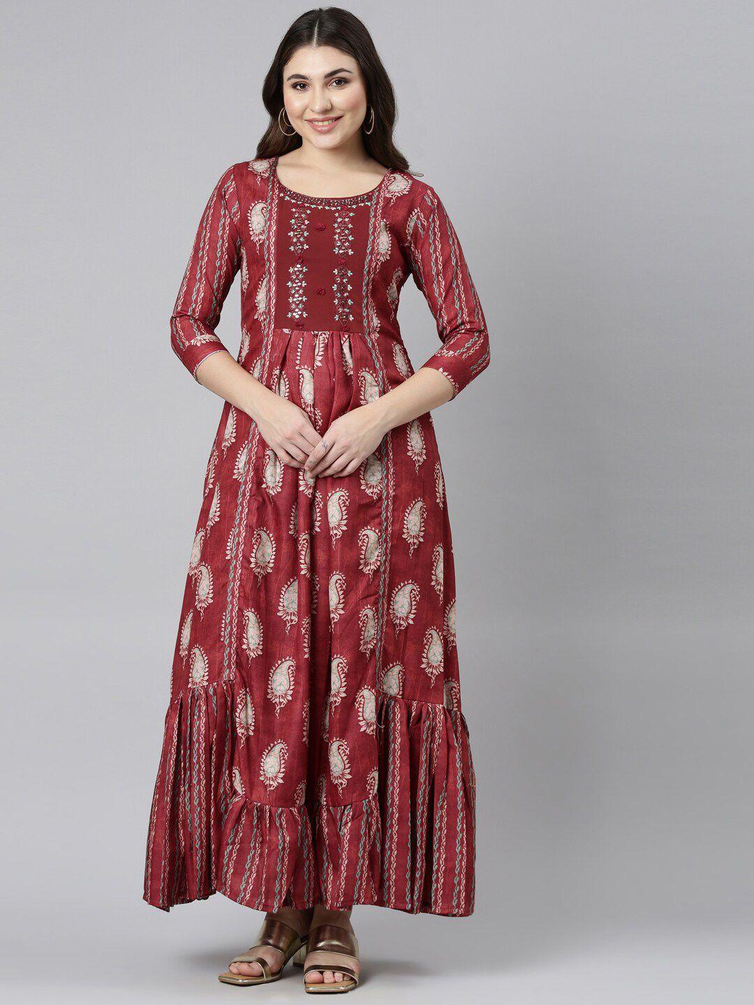 neerus ethnic motifs printed embroidered detail a-line maxi ethnic dress