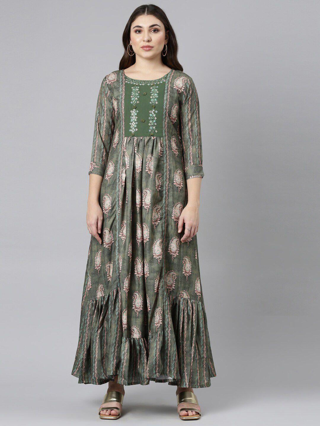 neerus ethnic motifs printed embroidered detail a-line maxi ethnic dress